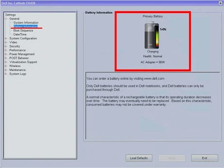 Captura de pantalla que muestra información de la batería de la computadora portátil Dell en la configuración del BIOS.  La información incluye el estado de la batería, su salud, su capacidad y otros detalles relacionados.
