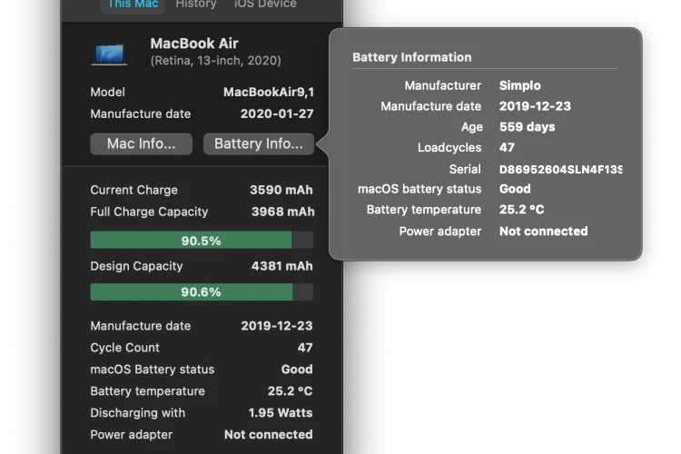 Captura de pantalla de la aplicación Coconut Battery que muestra la información de la batería de una computadora Mac.  La ventana de la aplicación muestra el nivel de carga actual de la batería como porcentaje, junto con el tiempo restante hasta que la batería esté completamente cargada o agotada. 