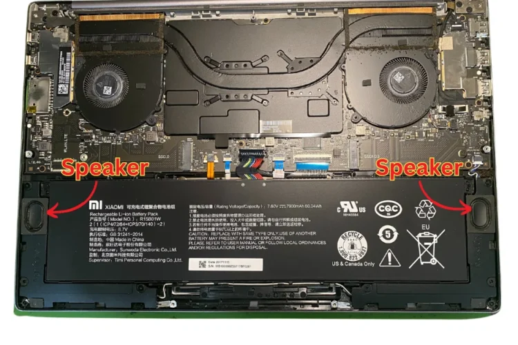 A close-up photo of a Xiaomi laptop speaker that has been broken, no sound, not working