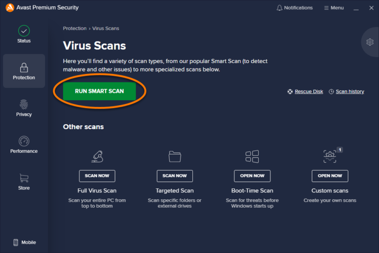Captura de pantalla que muestra el proceso de ejecución de un Smart Scan de virus utilizando el software antivirus Avast: abrir la aplicación Avast, seleccionar la opción Smart Scan, iniciar el escaneo y monitorear el progreso y los resultados del escaneo para detectar y eliminar posibles virus.