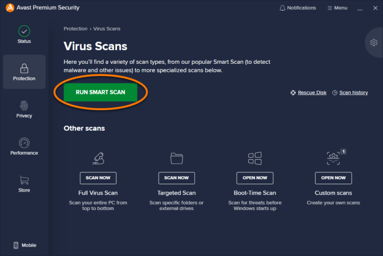 Screenshot displaying the process of running a virus Smart Scan using Avast antivirus software: Opening the Avast application, selecting the Smart Scan option, initiating the scan, and monitoring the progress and results of the scan for potential virus detection and removal.