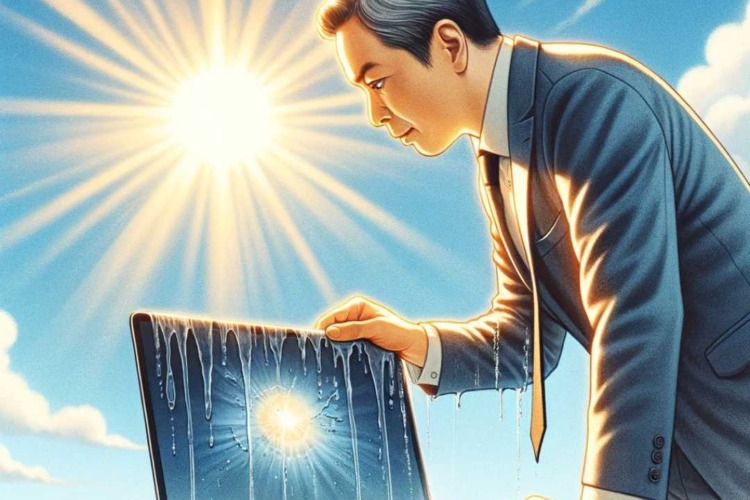 The image illustrates a person attempting to dry a water-damaged laptop under the sun, capturing a common method used in hopes of salvaging electronics after water exposure.