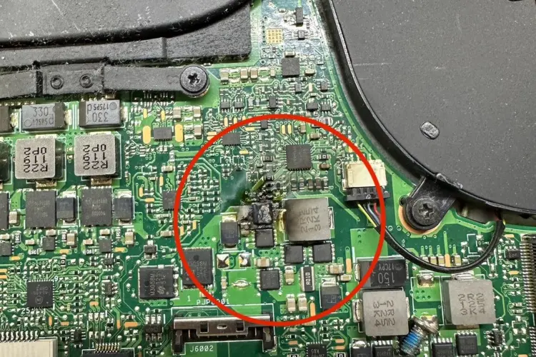 Within this circled area, there is evidence of damage, characterized by discoloration and what appears to be scorch marks, indicating that the components within this area have suffered a burn out.