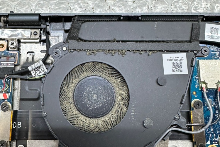 a close-up of a dusty laptop fan within an opened laptop case. The dust accumulation is significant, covering the fan blades and surrounding areas. The laptop's interior parts are visible, including a portion of the motherboard and various connectors.