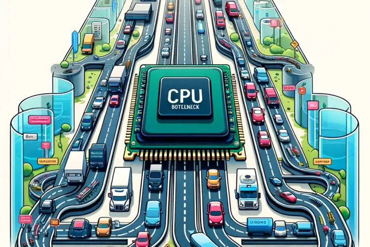 In this metaphor, a computer system is depicted as a highway, with various components like the CPU, GPU, RAM, and storage represented as different lanes. The CPU lane is shown as narrower and more congested, symbolizing a bottleneck